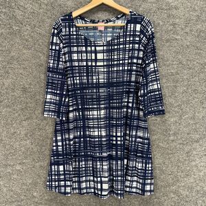 Flirty Pink Dress Women M Medium Blue Plaid Shift Short Long Sleeve Casual